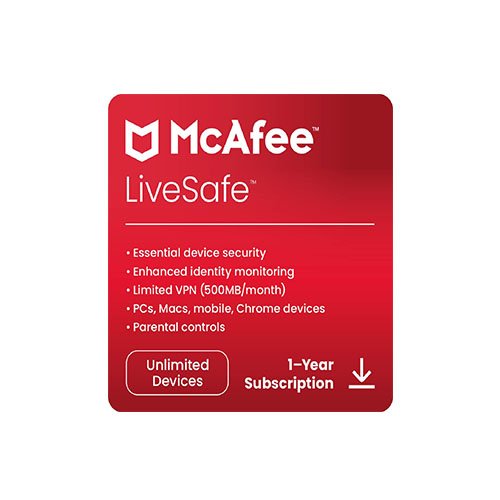 McAfee LiveSafe — Unlimited Devices, 1 Year (2026) — product image from NextGenTeky